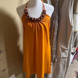 Orange Halter Dress with Beaded Necklace